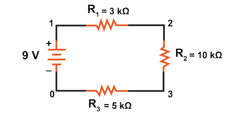 Series Circuit with a 9 V Battery and Three Resistors