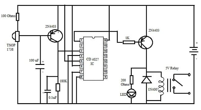 IR Remote Control Switch Circuit with CD4027 JK FF